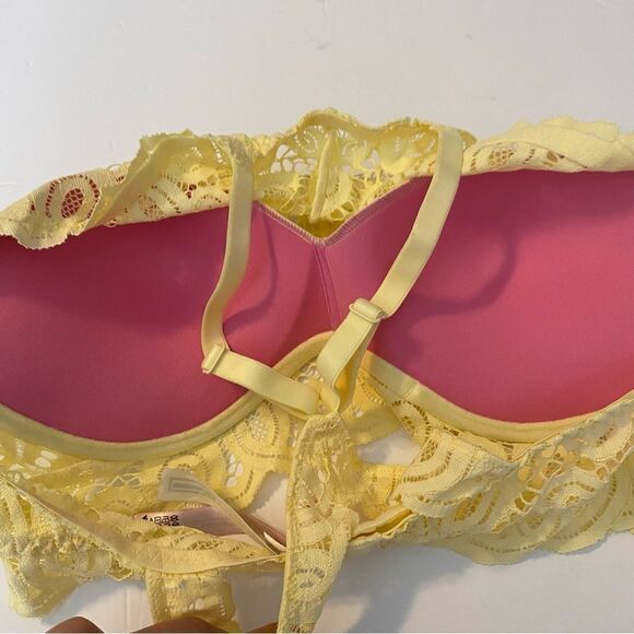 PINK Victorias Secret sexy Lace High Neck yellow padded push up bralette bra M - Picture 8 of 13